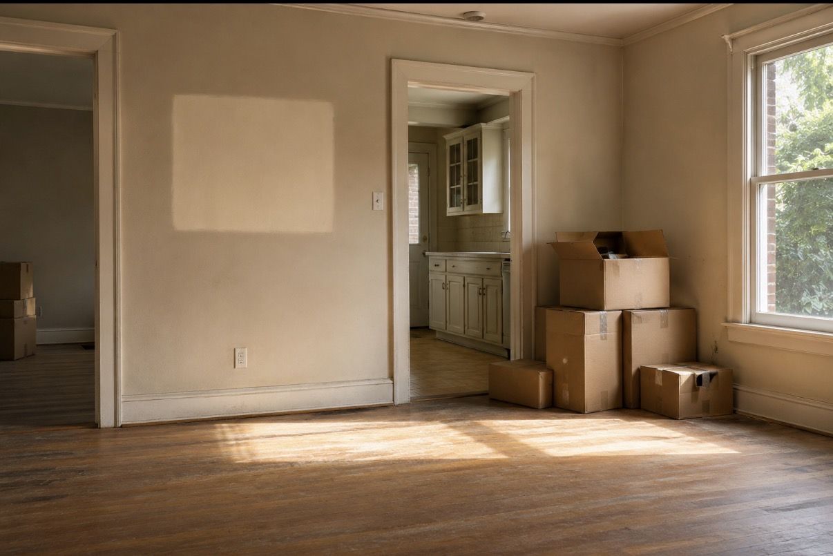 A half-emptied room with moving boxes and afternoon light across the floor