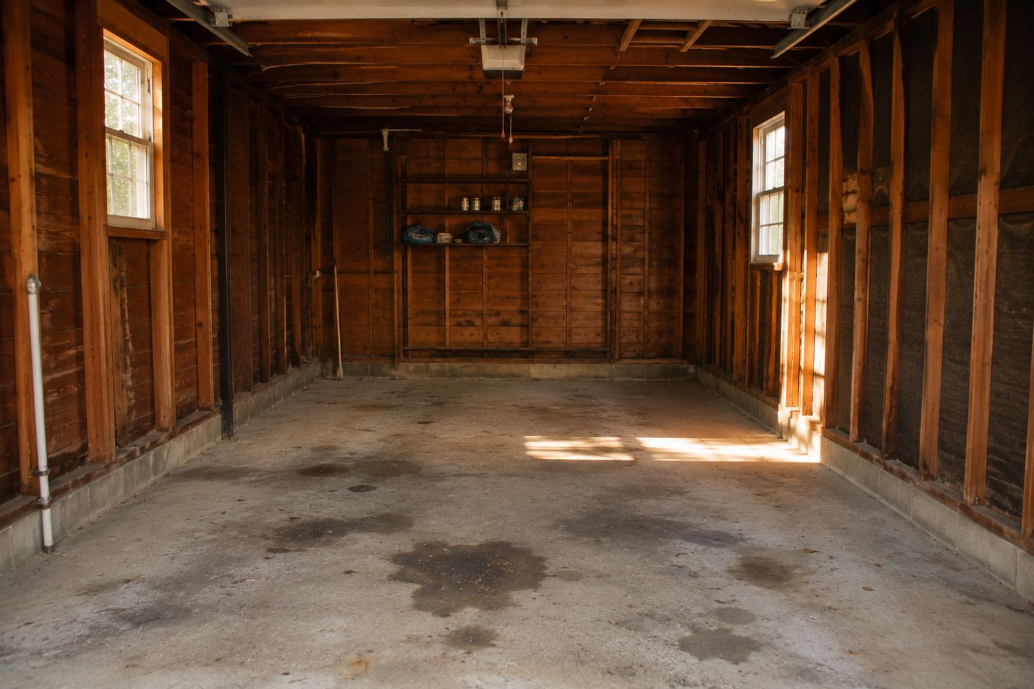 A cluttered garage in a Dallas-Fort Worth home being sold as-is