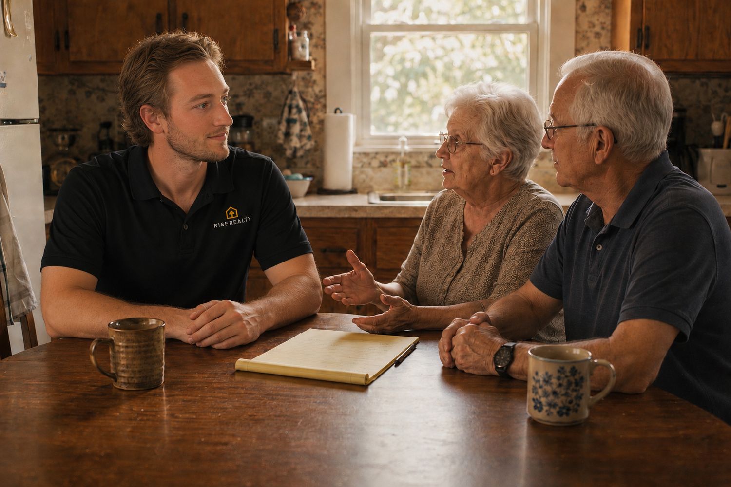 A Rise Realty team member talking with homeowners at their kitchen table