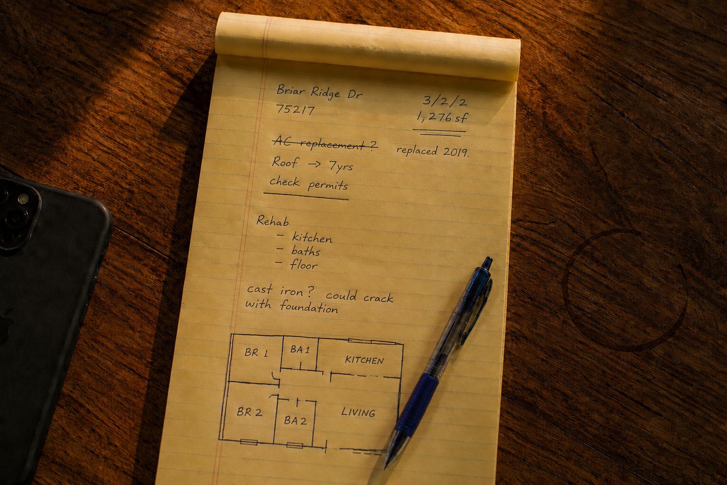 Handwritten walkthrough notes from a Rise Realty property visit