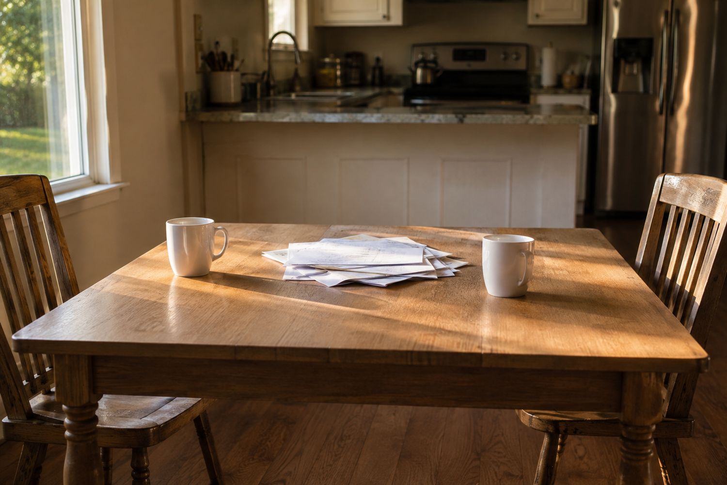 Two coffee cups set apart on a kitchen table with paperwork between them