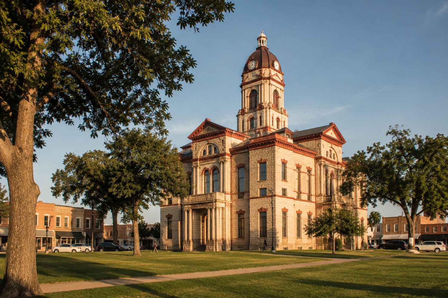 A Texas county courthouse on the town square in late afternoon light