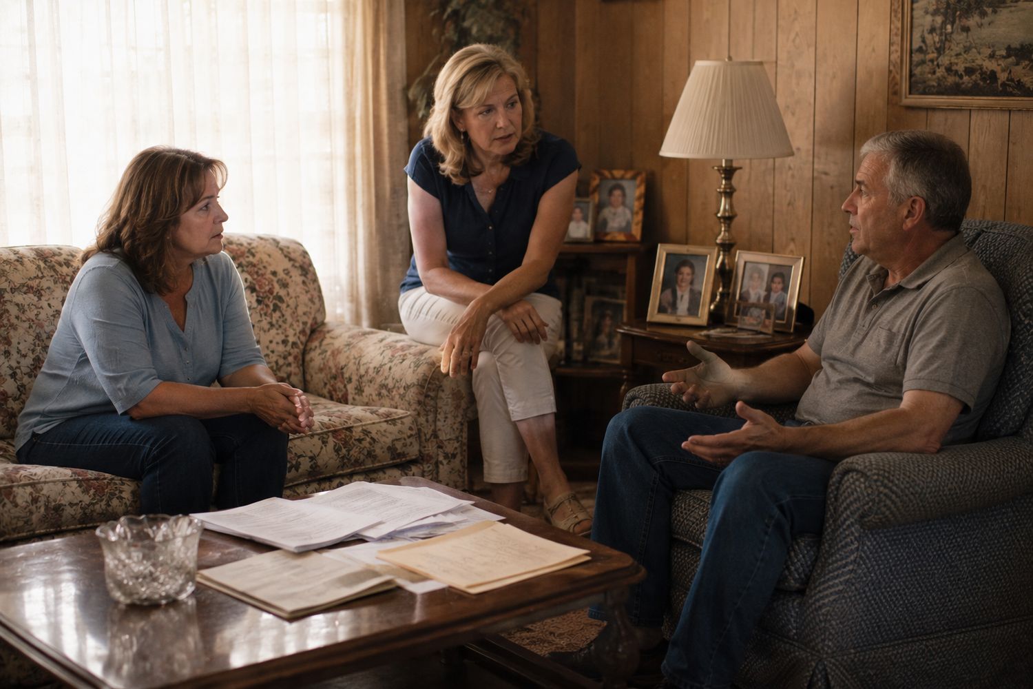 Three adult siblings talking in a parent&rsquo;s living room