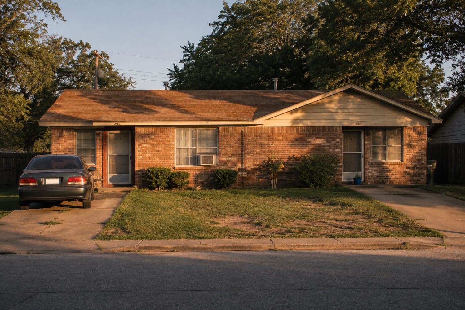 A small brick duplex rental property on a Texas street