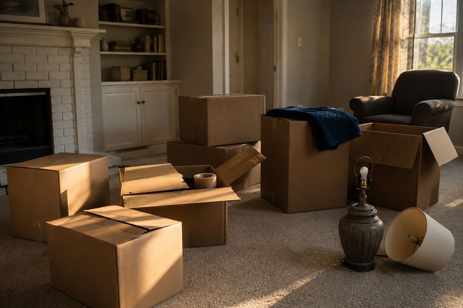 A living room mid-move, boxes half packed, a lamp on the floor
