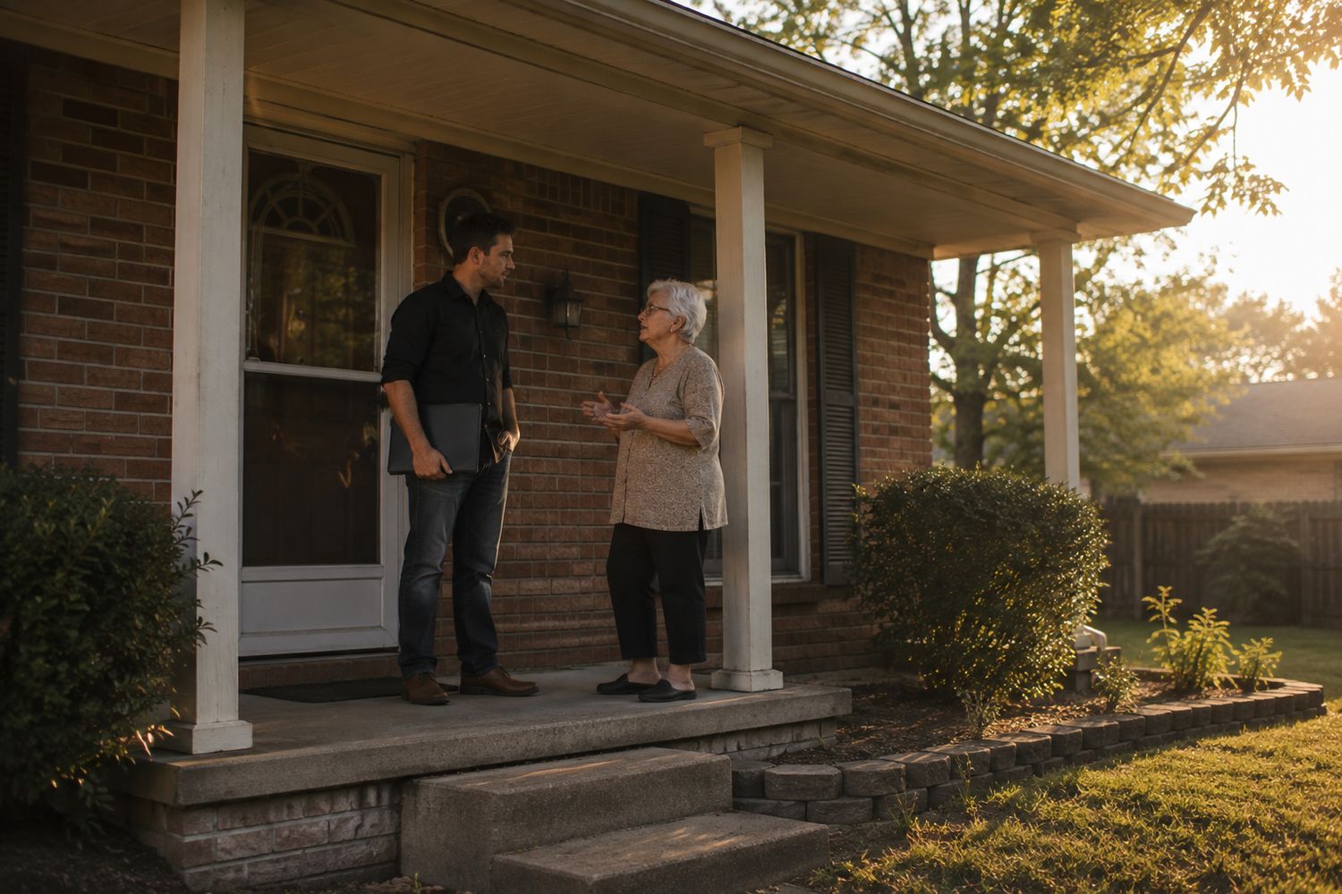 A Rise Realty team member talking with a homeowner on her front porch